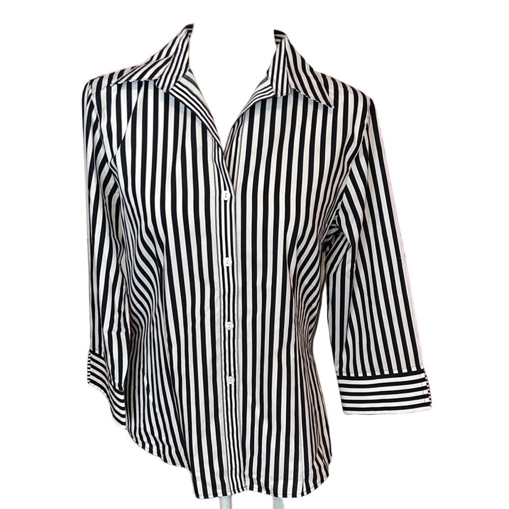 Foxcroft Black and White Striped Wrinkle Free Fitted Women's Cotton Top 8